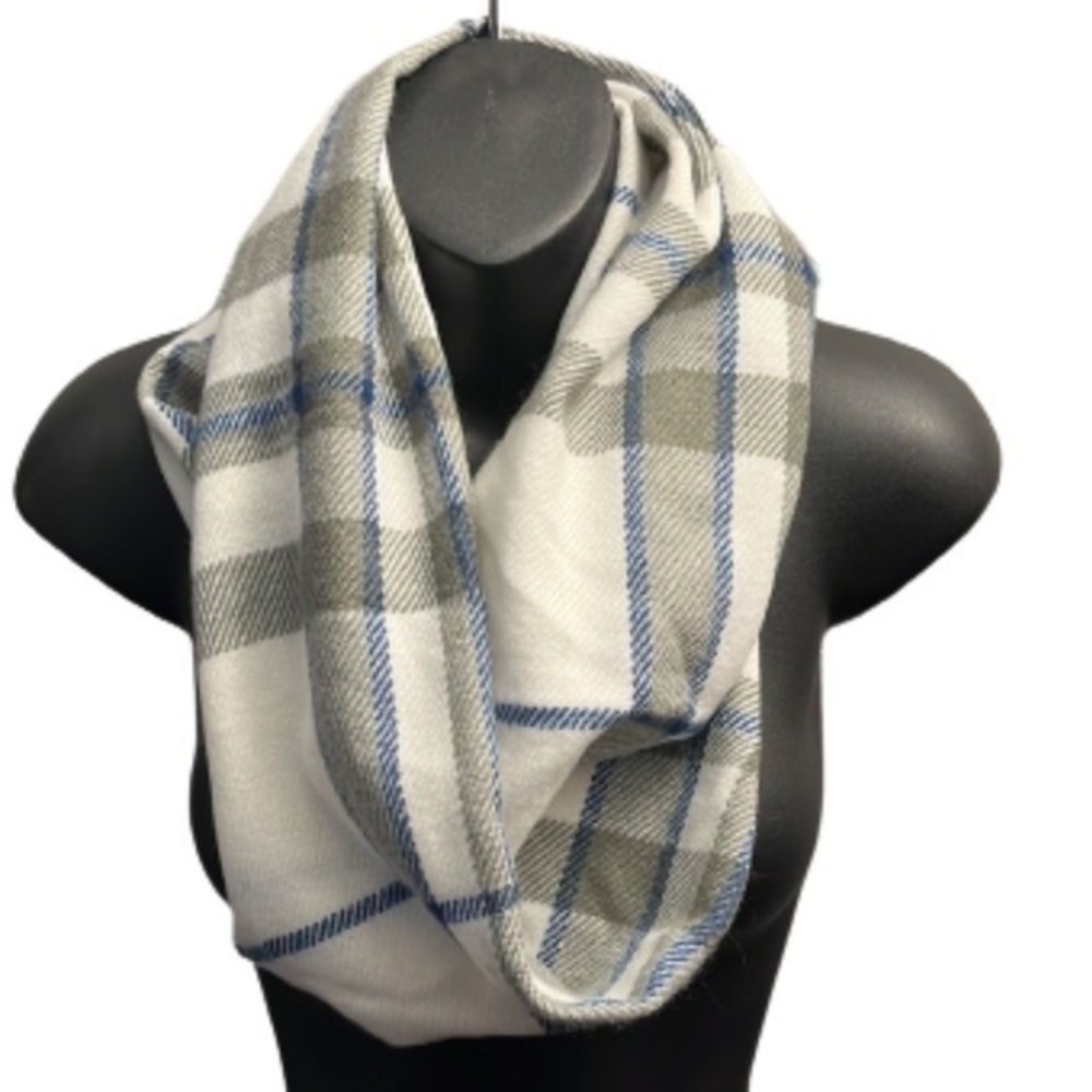 Blue/white/gray plaid infinity scarf